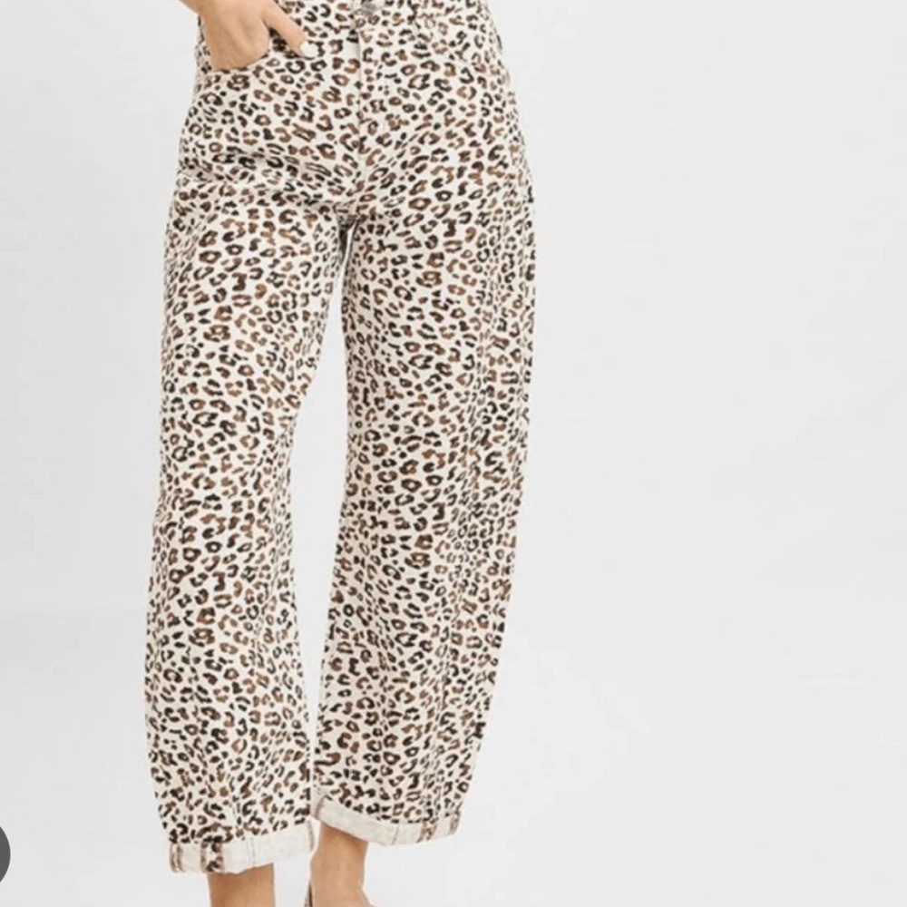 RISEN white leopard barrel jeans